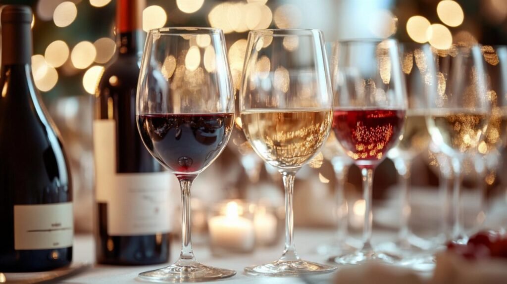 Verres de différents vins alignés préparés pour une consommation de vins