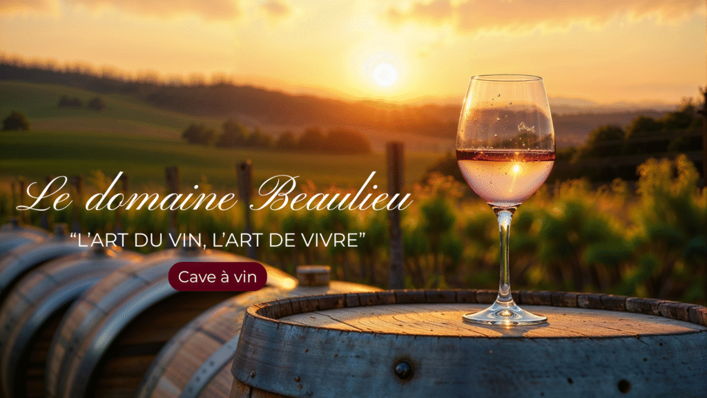 Image de fond avec verre de vin posé sur un tonneaux au millieu des vignes avec les slogan de la cave " L'art du vin, l'art de vivre"